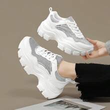New British Style Casual Sport Shoes For Women, With Breathable Synthetic Mesh Fabric, Thick Sole, Lightweight, Personalized Design, Chunky Sneakers, Wedge Heel, Match All Styles - White - View 2