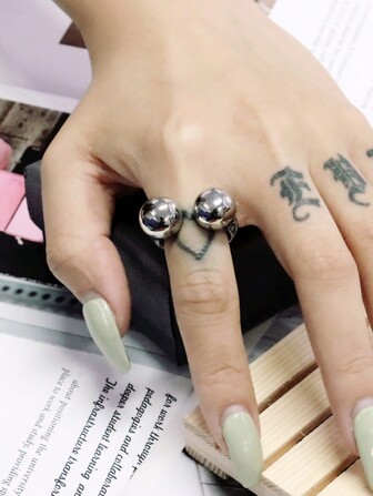 1 Pieza Anillo Con Diseño De Bola De Acero Inoxidable Pulido Con Cuentas, De Moda, Para Fiesta Y Uso Diario De Las Mujeres