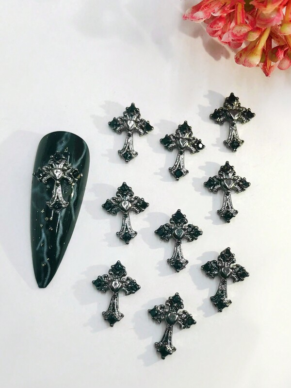Halloween 10pcs Silver-Color Gothic Heart & Cross Design Nail Art Decoration DIY Nail Charms Nail Gems Nail Supplies