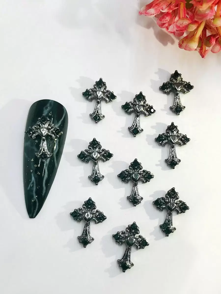 万圣节 10 件银色哥特式心形和十字架设计美甲装饰 DIY 指甲饰 指甲宝石 美甲用品 指甲 - 黑色 - 查看 1