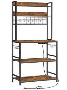 VASAGLE Küchenregal, Standregal mit Steckdosen, Mikrowellen-Regal, mit Gitterplatte, 14 Haken, 40 x 80 x 170 cm, - Braun - Übersicht 2