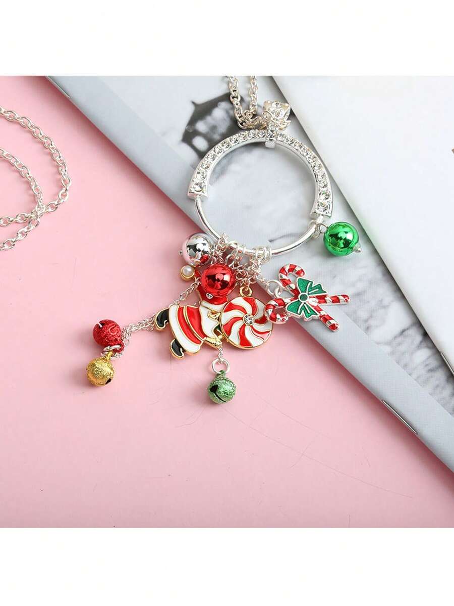 新品聖誕節及新年吊墜 - 節日設計鏈條和絲帶編織鐘形項鍊,長鏈帶聖誕老人帽和禮品蝴蝶結和鐘形吊墜項鍊,聖誕手鍊(1 件)