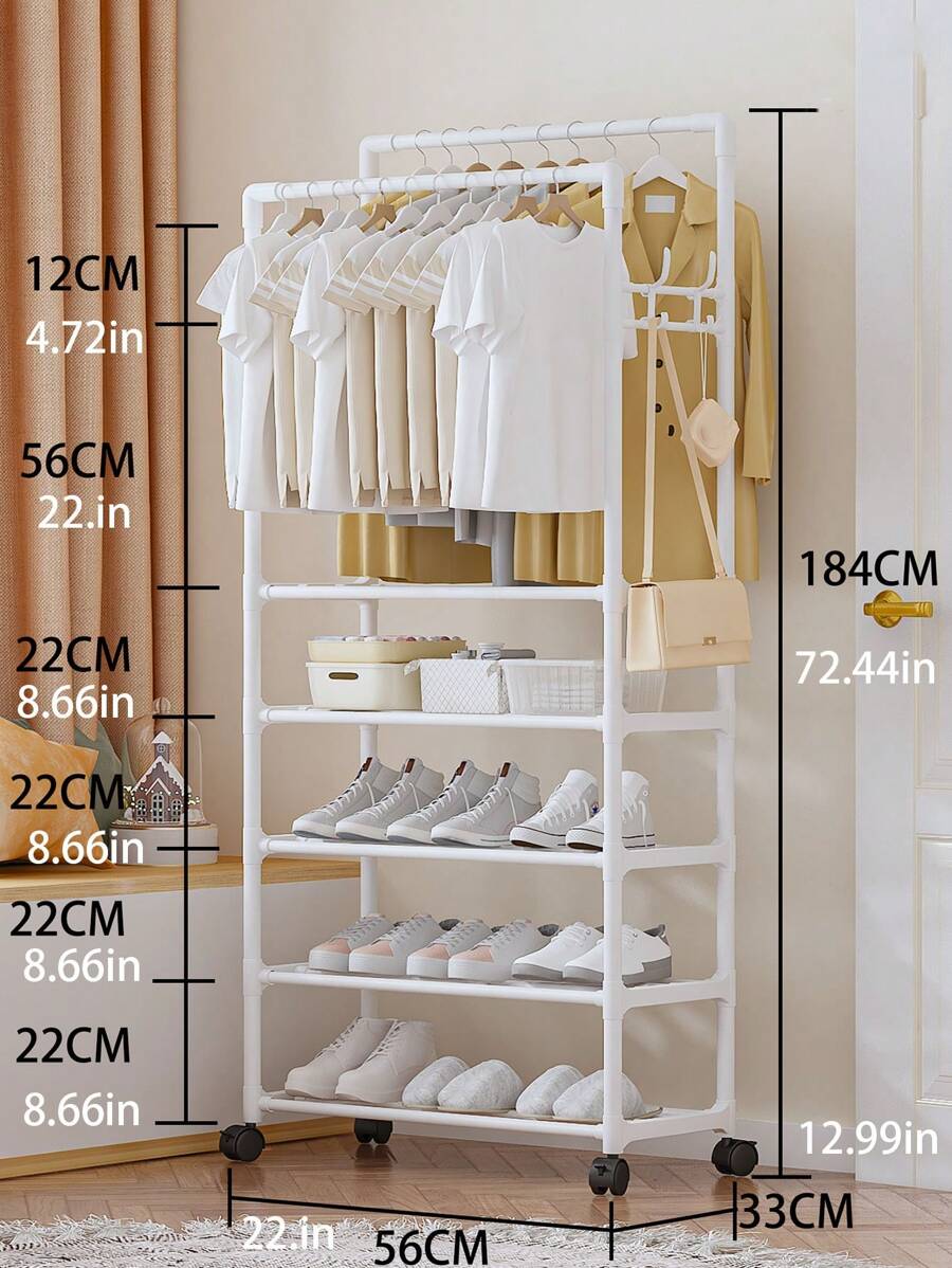 A Multifunctional Wardrobe Rack With Casters, 5-tier Storage Shelves, Shoe Rack, Closet Organizer, Made Of 15.5mm+10mm Galvanized Pipe And Pp Plastic - White - View 1
