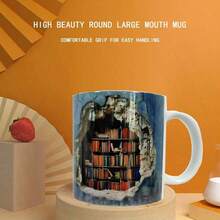 1pc 3d Colorful Print Book Lover Ceramic Coffee Mug/tea Cup, Novel Bookshelf Design - Blue - View 2