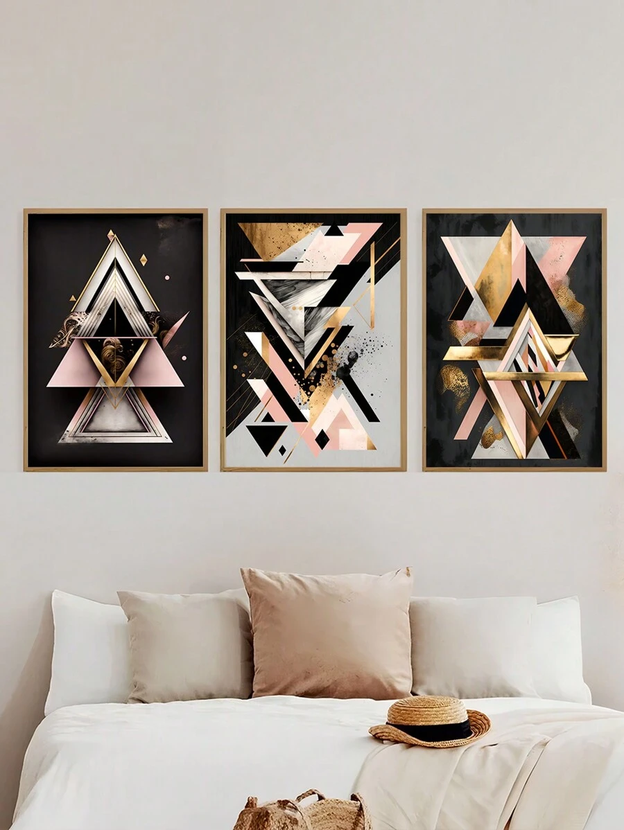 Kit De 3 Cuadros Decorativos Modernos En Color Rosa Dorado Para Decoración De Recámara, Sala, Hogar, Oficina O Recibidor - Marrón Mocha - Ver 1