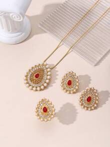 豪華銅合金14k金鍍假珍珠和水鑽水滴造型吊墜項鍊耳環戒指珠寶套裝，女士專屬 - 金黃色 - 查看 2