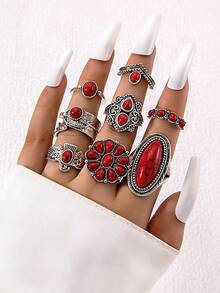 8pcs/set Random Alloy Punk Style Turquoise Ring Set For Women, Gift For Dating - Silver - View 4