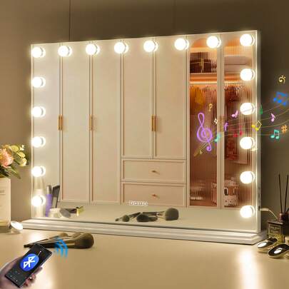 FENCHILIN Bluetooth Hollyw Ood Makeup Mirror With 18 LED Bulbs Hollyw Ood Makeup Mirror Polite With 3 Lighting Modes Vanity Mirror With Detailed Mirror 10x White 80x58cm