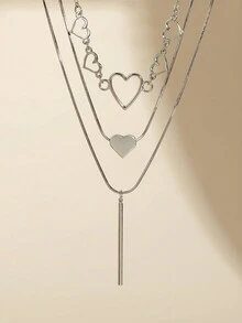 3pcs Simple And Fashionable Preppy Style Heart-Shaped Pendant Multi-Layer Charm Necklace Set, Gift For Women And Girls On Holidays - Silver - View 4