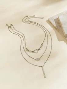 3pcs Simple And Fashionable Preppy Style Heart-Shaped Pendant Multi-Layer Charm Necklace Set, Gift For Women And Girls On Holidays - Silver - View 5