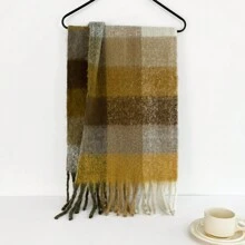 女士馬海毛大尺碼圍巾,秋冬季節格紋加厚溫暖,流蘇披肩,幾何圖案設計,防風保暖,適用於聖誕節服飾配飾