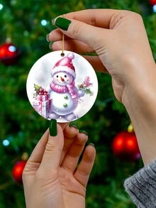 1入組8cm*8cm可愛雪人帶聖誕禮物白色亞克力圓盤及金繩吊飾,完美的聖誕節裝飾,表達愛心的理想禮物