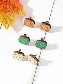 1套6入組復古時尚三色調南瓜形木質耳環套裝,適用於女性感恩節派對和日常佩戴 - 彩色 - 查看 2