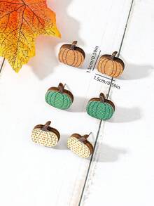 1套6入組復古時尚三色調南瓜形木質耳環套裝,適用於女性感恩節派對和日常佩戴 - 彩色 - 查看 4