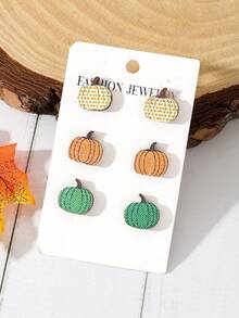 1套6入組復古時尚三色調南瓜形木質耳環套裝,適用於女性感恩節派對和日常佩戴 - 彩色 - 查看 1