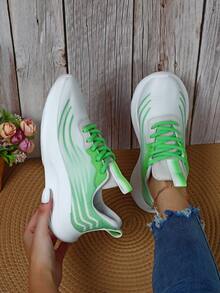 春秋新款绿条纹轻便增高运动鞋，户外厚底减震跑步鞋圆头系带 - 綠色 - 查看 5