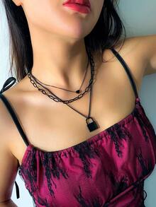 Collar Con Colgante En Capas Con Cerradura Y Corazón - Cerrar - Ver 3