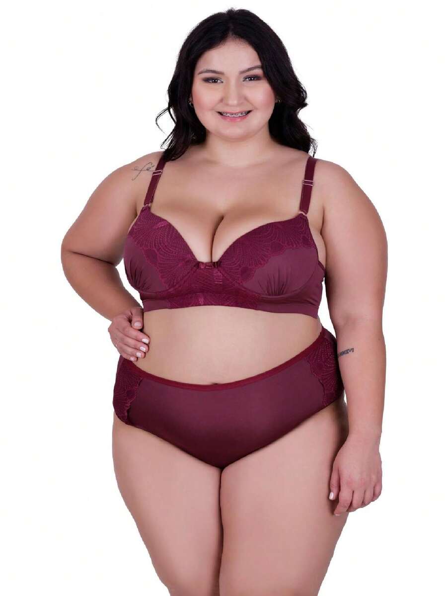 Plus Size Bra & Panty Sets - 酒紅色 - 查看 1