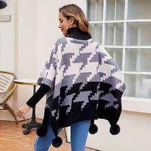 1 Miếng Của phụ nữ Xám Kẻ sọc Lông cừu Trang trí Pompom Cổ áo cao Đan Áo choàng Mưa Đối với Ấm áp , Đúng mốt & Giải trí Mặc hàng ngày - Xám - Xem 2