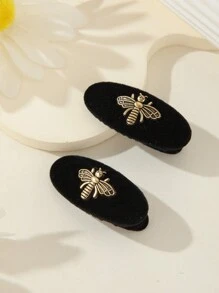 2pcs Black Velvet Bee Shaped Hair Clips (Snap Clip, Alligator Clip Alligator Hair Clip); Elegant, Cute, Sweet For Campus Outfit, Daily Wear, Parties, Festivals; Can Be Used As Gift.,Hair Accessories,Hair Barrettes Claw Clips, School Stuff, College, Head Accessories, Hairpin,Summer,Holiday,Travel,Party,Birthday - Black - View 1