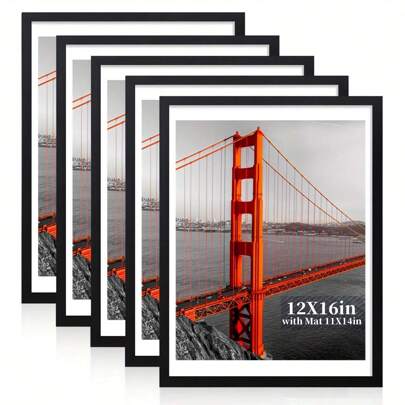 12x16in Black Wood Picture Frame Set Of 5/3/2/1, Display Pictures 11x14 With Mat Or 12x16 Without Mat, Wall Gallery Photo Frames, Both Vertical And Horizontal Hanging, Mat Random Delivery, Without Picture Paper Gifts Birthday Graduation