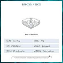 1個bamoer 925銀細緻皇冠戒指,閃亮的心形指環,適用於女性婚禮訂婚精細珠寶新娘珠寶 - 銀色 - 查看 7