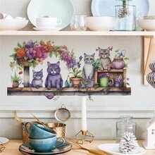 1張可拆卸pvc家庭藝術貼紙,貓咪、花朵和盆栽植物設計,適用於廚房、臥室、客廳、餐廳牆飾