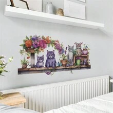 1張可拆卸pvc家庭藝術貼紙,貓咪、花朵和盆栽植物設計,適用於廚房、臥室、客廳、餐廳牆飾