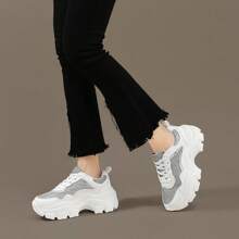 New British Style Casual Sport Shoes For Women, With Breathable Synthetic Mesh Fabric, Thick Sole, Lightweight, Personalized Design, Chunky Sneakers, Wedge Heel, Match All Styles - White - View 4