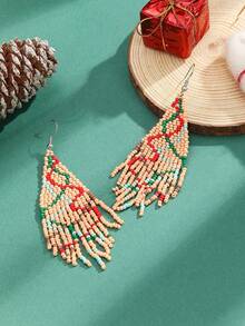 Handmade Beaded Christmas Earrings With Cute Ribbon Tassels, Popular In Europe And America - Dusty Pink - View 3