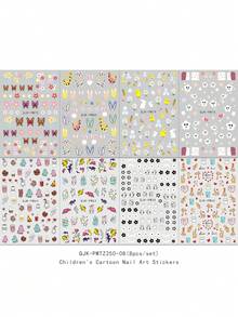 8入組可愛的卡通動物和花卉美甲貼紙