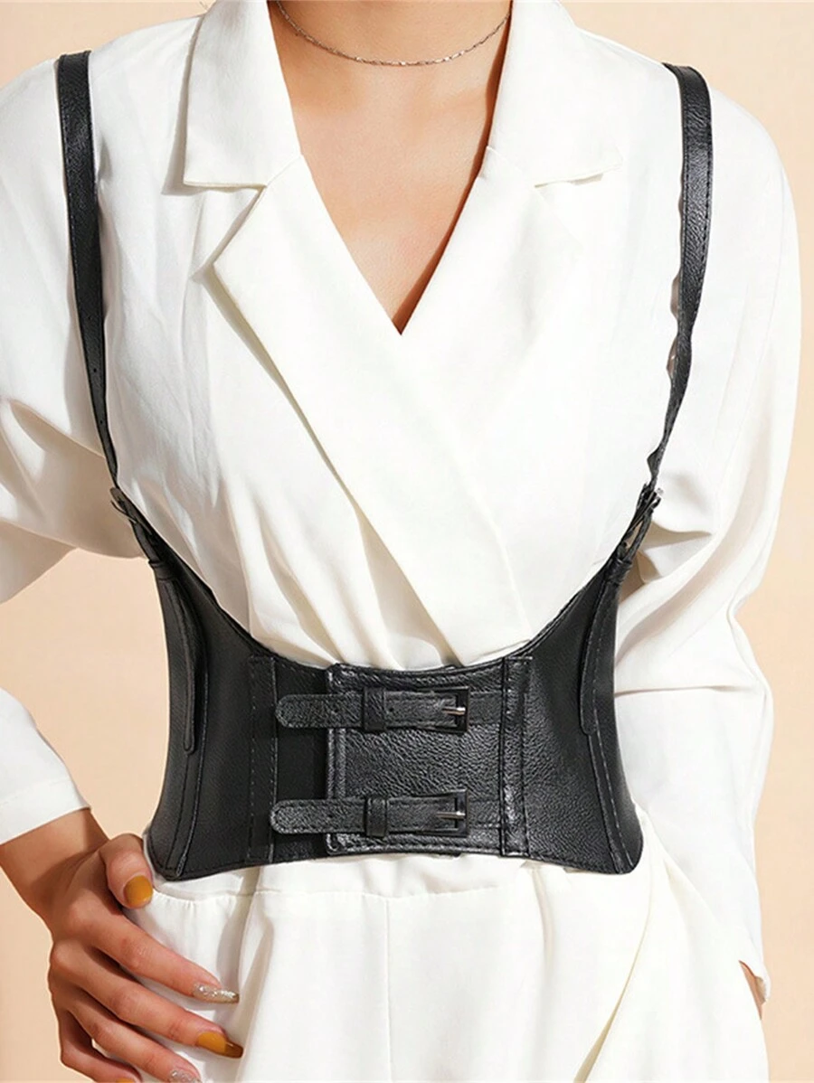 1 Áo ba lỗ nữ có đai lưng rộng & dây thun, thích hợp mặc hàng ngày, vòng eo 60-75cm - màu đen - Xem 1