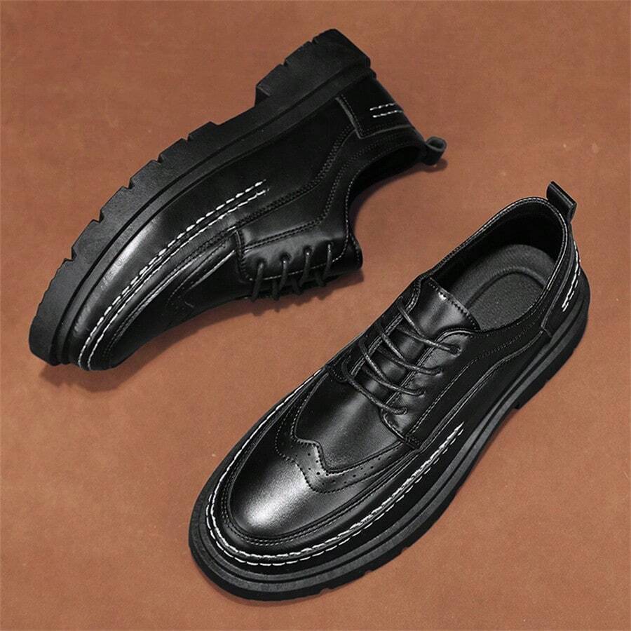 男士黑色休閒皮鞋商務正裝風格布洛克設計透氣軟底英倫風格厚底平跟 - 黑色 - 查看 1