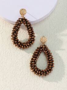 Crystal Beaded Water Drop Earrings - Khaki - View 1