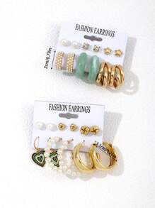 12 Pairs Fashionable Versatile Heart-Shaped Faux Pearl Decorated Earrings - Multicolor - View 7