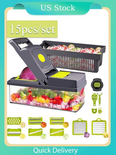 15pcs Vegetable Chopper Kit, Multi-Functional Fruit Slicer, Manual Food Chopper, Vegetables Slicer, Slicer With Container And Hand Guard, Onion Chopper, Potato Slicer,Peeler, Kitchen Gadget
