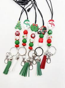 1pc Christmas Themed Silicone Beaded Non-detachable Keychain Lanyard For Office Id, Badge, Necklace, Gift - Red - View 4