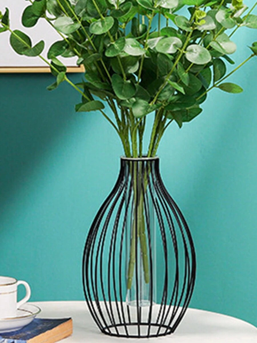 1pc European Style Lantern Shaped Flower Vase Decor With Ironwork Stand - Creative Hydroponic Glass Home Living Room Decoration - Black - View 1