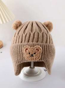 1個可愛的嬰兒帽,針織熊耳保暖帽,加厚保暖冬季帽子,韓國風格,適用於兒童 - 卡其色 - 查看 1