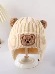 1個可愛的嬰兒帽,針織熊耳保暖帽,加厚保暖冬季帽子,韓國風格,適用於兒童 - 卡其色 - 查看 4