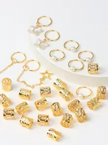 29pcs Gold-Colored Faux Pearl & Butterfly Mixed-Style Hair Loops, Ladies/Girls' Dressing Accessory Boho Hair Clips Claw Clips Hair Claws Hair Barrettes