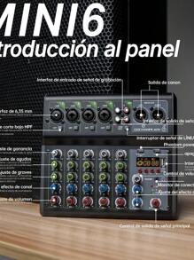 Mezcladora Amplificada Gochanmi Mini6 Power Mixer 6 Canales Consola Activa Bluetooth USB EQ - Negro - Ver 2