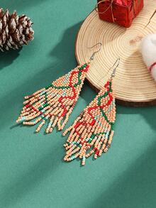 Handmade Beaded Christmas Earrings With Cute Ribbon Tassels, Popular In Europe And America - Dusty Pink - View 2
