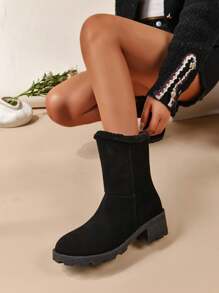 2025 秋冬新款仿麂皮复古纯色 V 型剪裁紧身踝靴，新款时尚休闲优雅粗跟套穿西部尖头马靴 - 黑色 - 查看 1