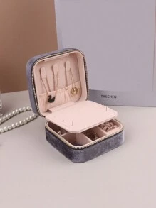 1 件帶鏡子天鵝絨拉鍊首飾盒,適合戒指、項鍊、耳環或其他珠寶收納 - 深灰色 - 查看 4