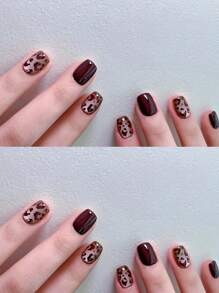 24入組膠製美甲貼片,啡色寬貓眼和豹紋和小燈泡形貓眼設計,內含指甲檔和果凍膠,新品上市 - 棕色 - 查看 1