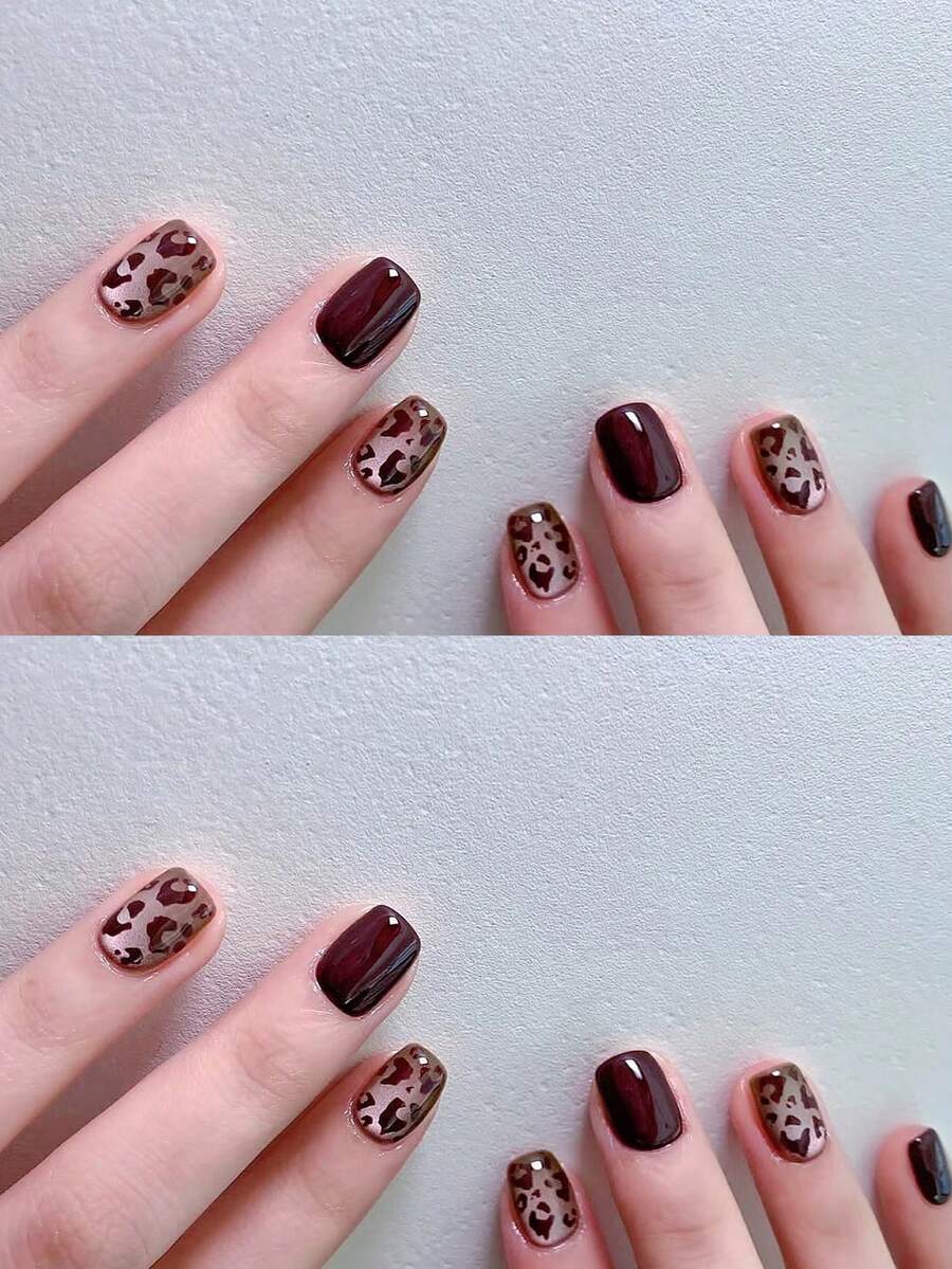 24入組膠製美甲貼片,啡色寬貓眼和豹紋和小燈泡形貓眼設計,內含指甲檔和果凍膠,新品上市 - 棕色 - 查看 1