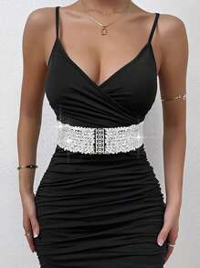 1 Miếng Của phụ nữ Rộng Sáng bóng Eo Thắt lưng Với Dây đeo đàn hồi , Kim sa Nút kim loại Thắt lưng - Bạc - Xem 1