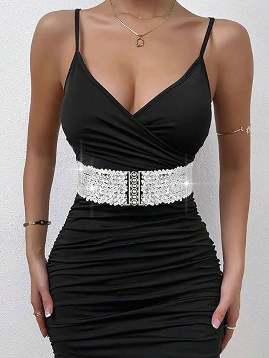 1 Miếng Của phụ nữ Rộng Sáng bóng Eo Thắt lưng Với Dây đeo đàn hồi , Kim sa Nút kim loại Thắt lưng - Bạc - Xem 1