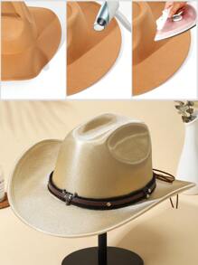 1 件男士牛头装饰纯色波西米亚山脊软毡帽牛仔帽爵士巴拿马帽牛仔帽软呢帽西部牛仔风格帽子适合派对 - 駝色 - 查看 5